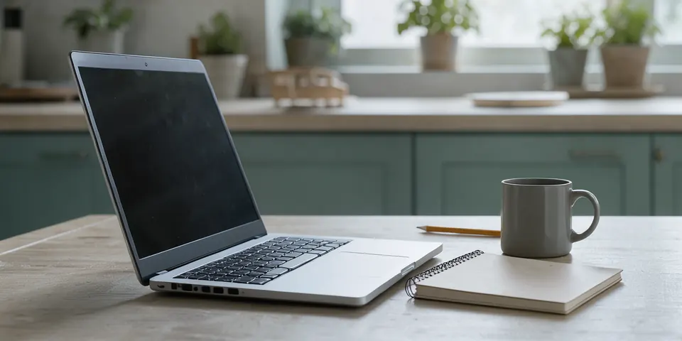 A kitchen table in early morning light with a laptop, a spiral notebook, a pencil and a mug