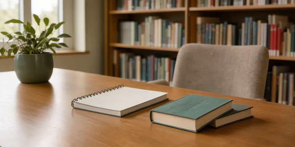 A quiet library table with a closed notebook and two books, shelves softly out of focus behind