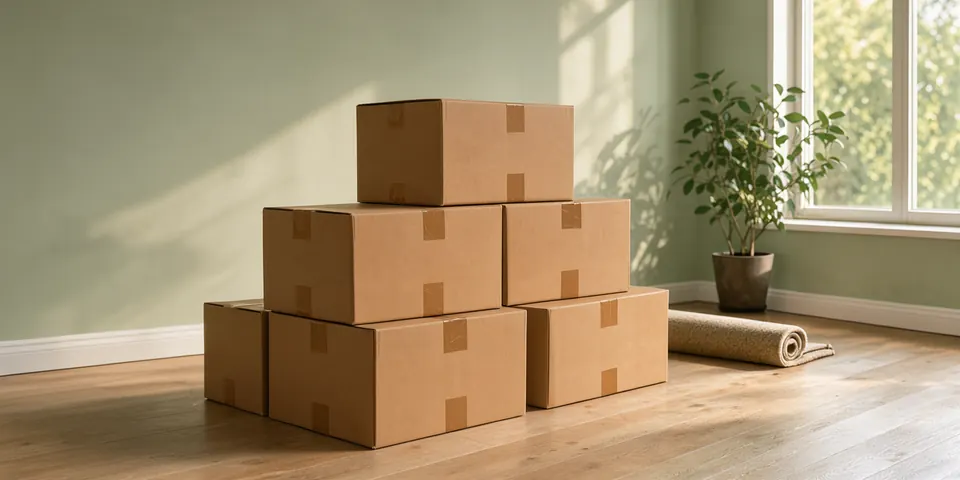 Plain cardboard moving boxes stacked in a sunlit empty room, a rolled rug and a plant by the window
