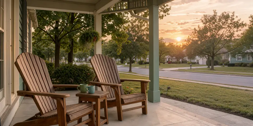 Two wooden chairs and a small table with two mugs on a front porch at sunset, a tree-lined street beyond