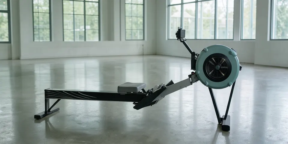 A single rowing machine on the concrete floor of an empty gym with tall windows