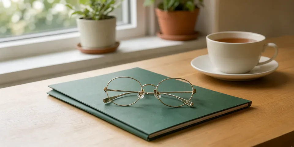 Reading glasses resting on a closed green folder beside a cup of tea by a window